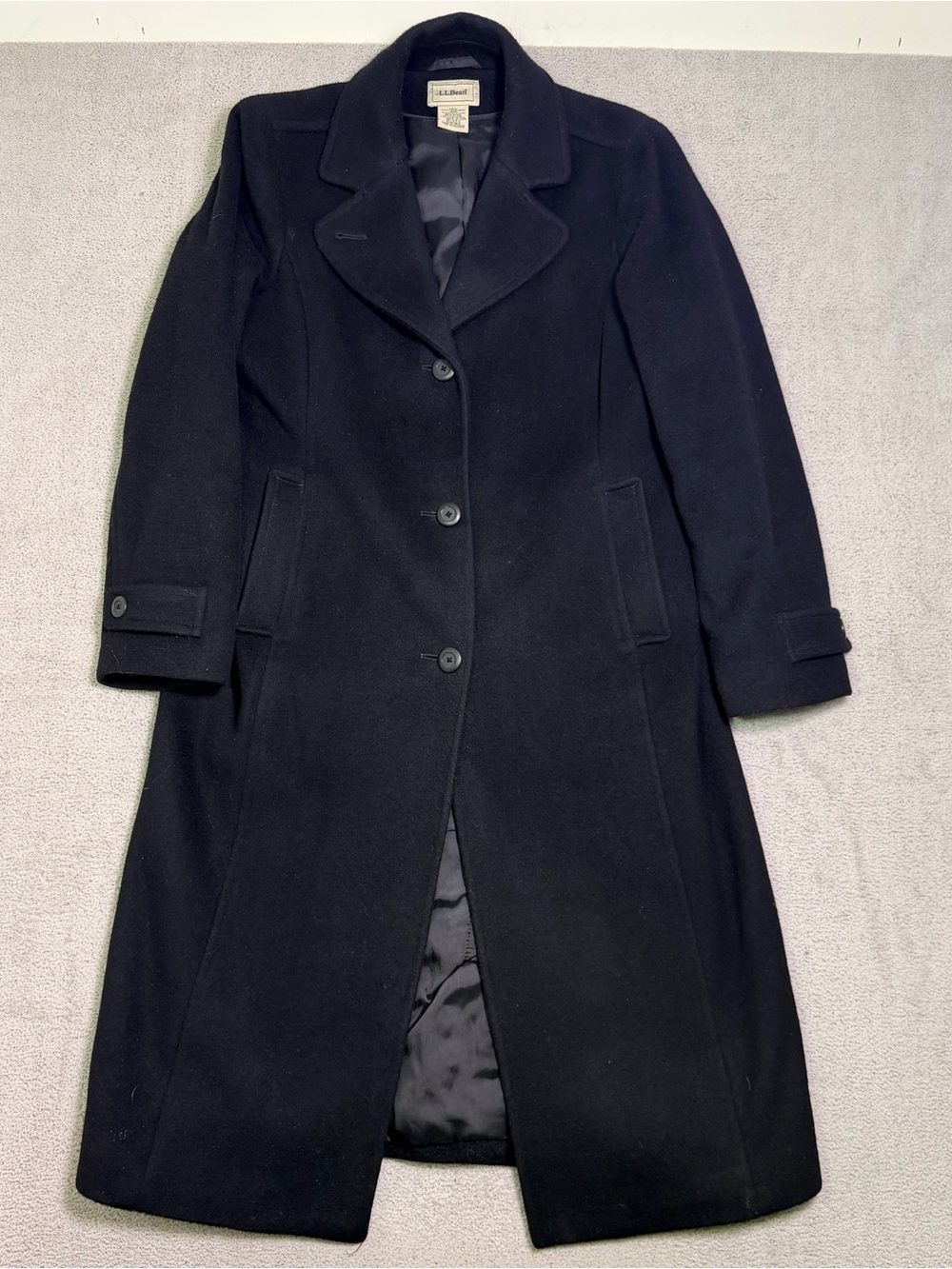 L.L. Bean Lambswool Polo Coat Womens 10-Petite Classic Black Long Overcoat OH1N3